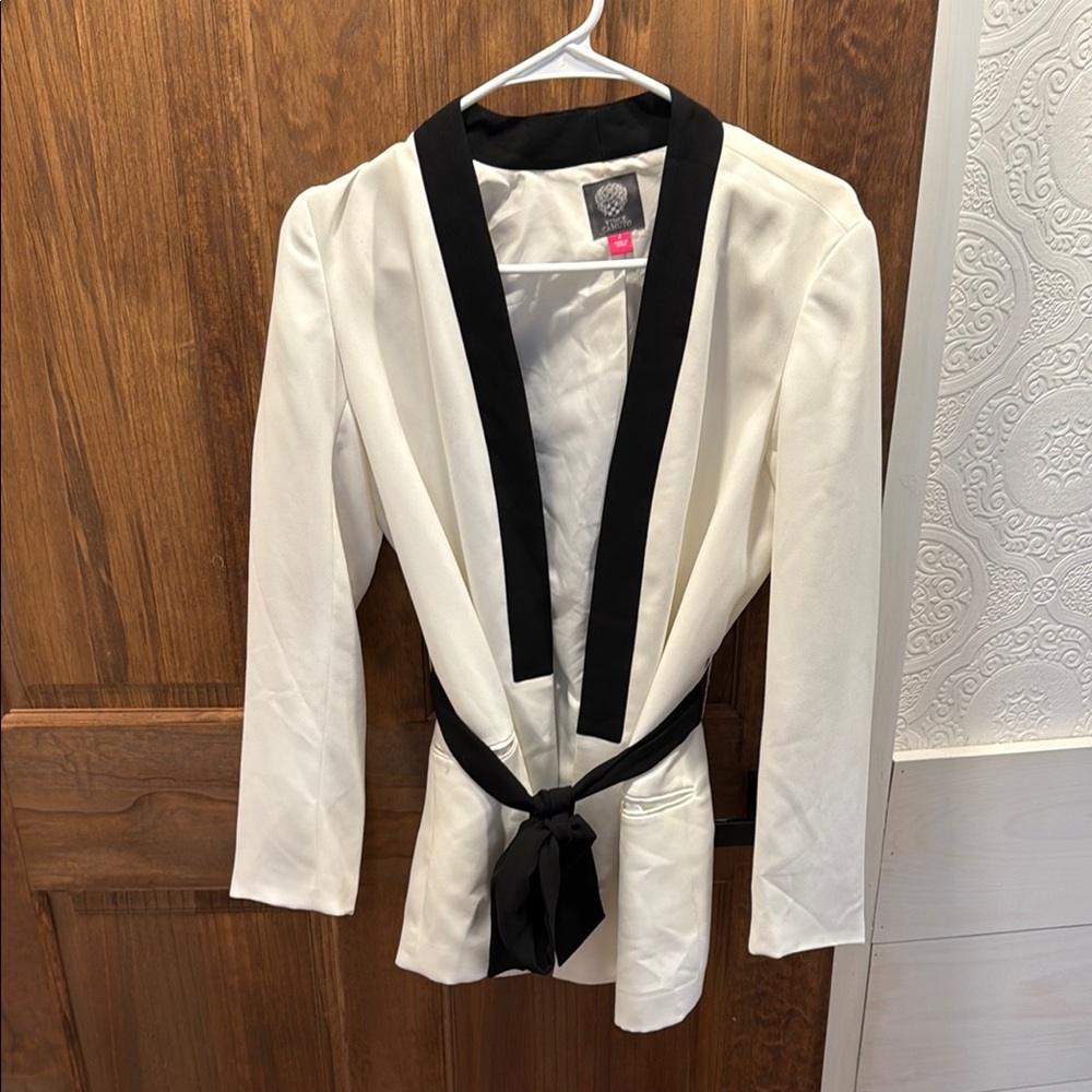 White & Black Tie-Waist Blazer Jacket - Women